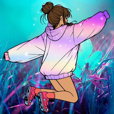 realistic girl jumping with a bun and oversized sweatshirt