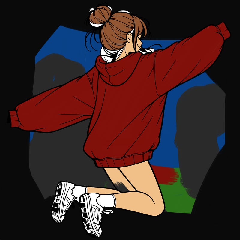 realistic girl jumping with a bun and oversized sweatshirt