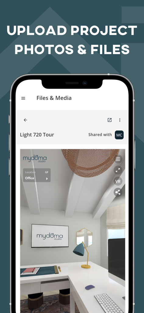 Mydoma Studio - Mydoma Studio app interface for uploading project photos and 360 degree virtual room tours