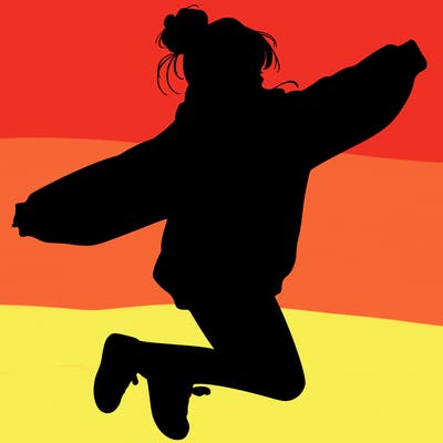 realistic girl jumping with a bun and oversized sweatshirt