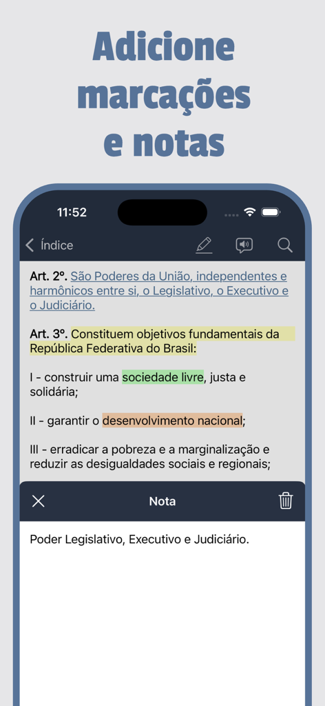 Vade Mecum 2026 Direito Brasil - Interface of Vade Mecum 2026 app showing highlighted law text and user notes