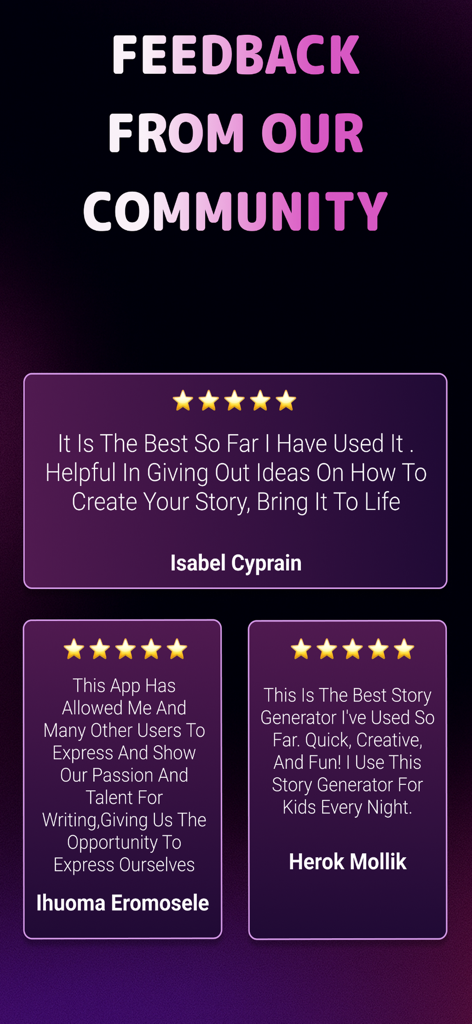 AI Story Generator Novel Maker - User feedback and five star reviews for the AI Story Generator Novel Maker app