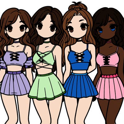 four girls with crop tops and skirts