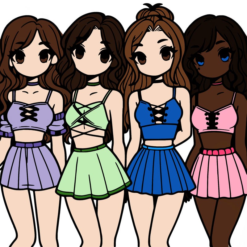 four girls with crop tops and skirts