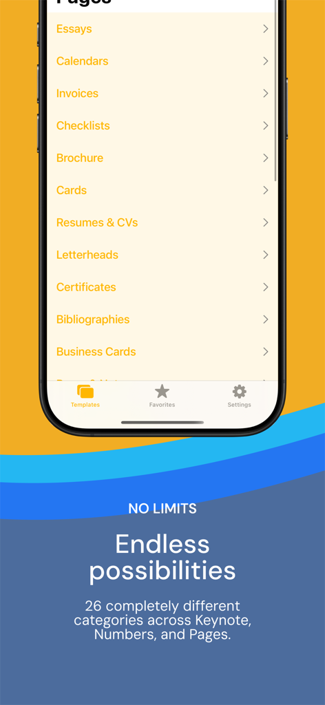 Templates for iWork Bundle Ed. - Pantalla móvil que muestra varias categorías de plantillas de documentos de Pages, como currículums, facturas y tarjetas de visita.
