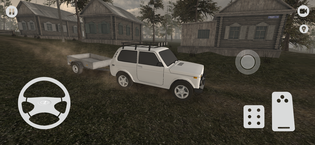 Forest Roads. Niva - Un coche Niva blanco remolcando un tráiler de carga a través de un pueblo rural en un simulador todoterreno.