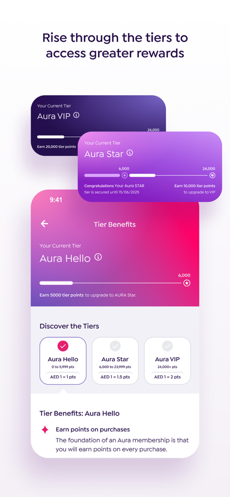 Interface de l'application Aura MENA montrant les niveaux d'adhésion et les avantages de récompenses