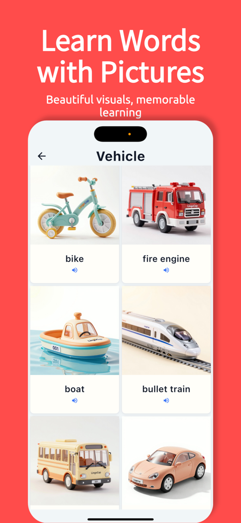 LingoCap Take Photos to Learn - LingoCap mobile app interface showing various vehicle pictures like bike and fire engine with their English names for visual learning.