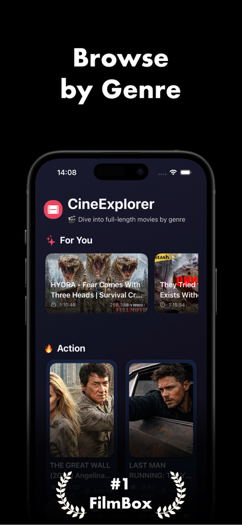 MovieBox - Movies box AI - Screenshot of the MovieBox app showing the home screen with personalized recommendations and action movie genres.
