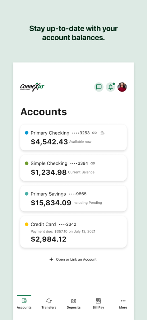 Connexus mobile app dashboard showing various account balances for checking and savings accounts