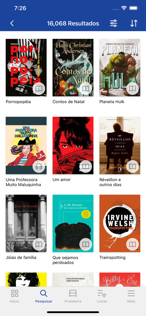 BibliON: seu app de leitura - Captura de pantalla de la aplicación BibliON que muestra los resultados de búsqueda de libros digitales y audiolibros en portugués.