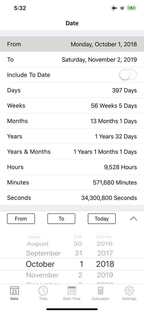 Interface of Date and Time Calculator app showing time difference between two dates in multiple units