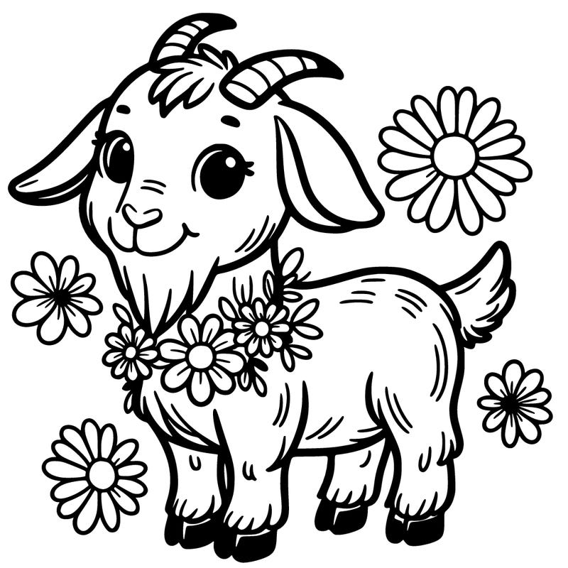 goat with flowers around neck