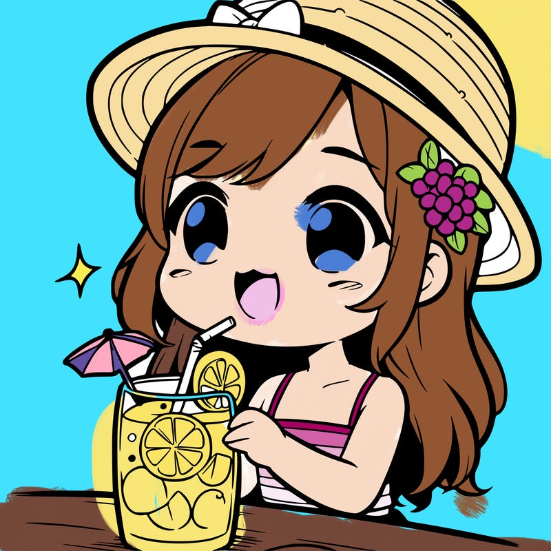 a girl drinking lemonade in the summer in chibi style