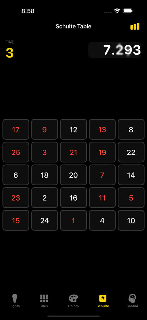 Reaction Time: Reflex Test - Schulte Table game interface in the Reaction Time app showing a 5x5 number grid and timer.