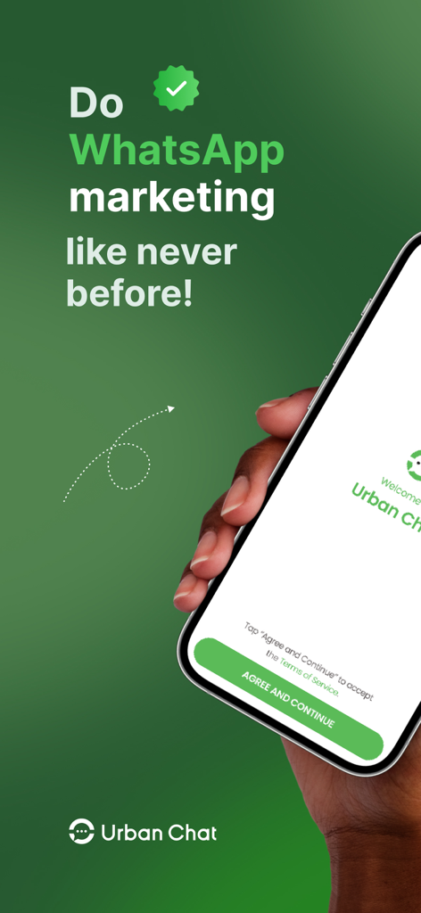 Urban Chat Bot - Pantalla de bienvenida de la aplicación Urban Chat Bot mostrando servicios de marketing de WhatsApp en un iPhone