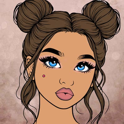 realistic girl with two buns on her hair and lips