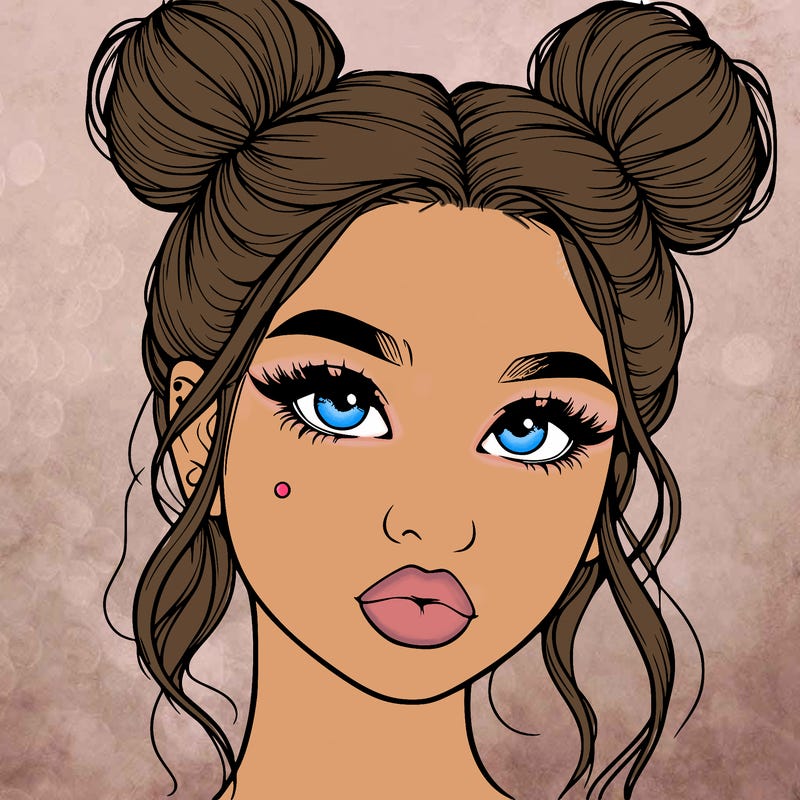 realistic girl with two buns on her hair and lips