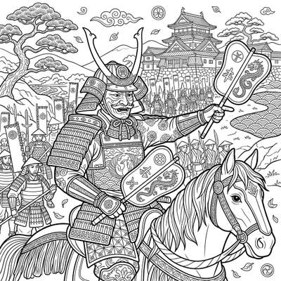 Unleash your creativity with this stunning adult coloring page featuring a powerful samurai commander leading his forces. Dive into the intricate details of ancient Japan, from elaborate armor to a majestic castle, designed for a truly immersive coloring experience.