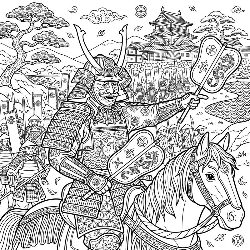 Unleash your creativity with this stunning adult coloring page featuring a powerful samurai commander leading his forces. Dive into the intricate details of ancient Japan, from elaborate armor to a majestic castle, designed for a truly immersive coloring experience.