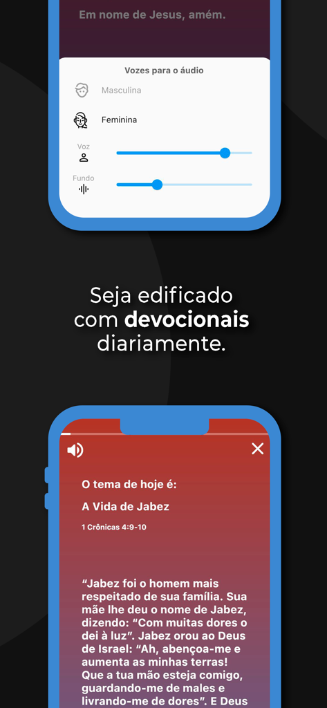 Interface of the Bíblia Sagrada Mobidic app featuring daily audio devotionals and customizable voice settings