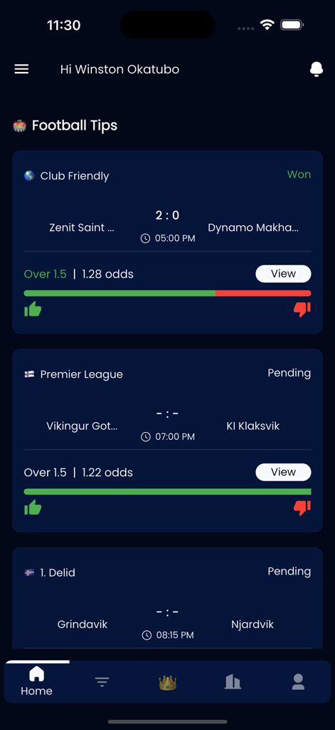 Apex Tips - Apex Tips mobile app dashboard showing football match predictions and betting odds