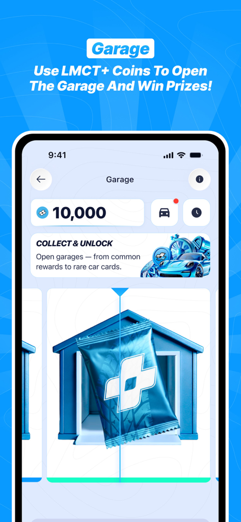 LMCT+ - LMCT+ app interface showing the Garage feature where users use coins to win prizes and car cards.