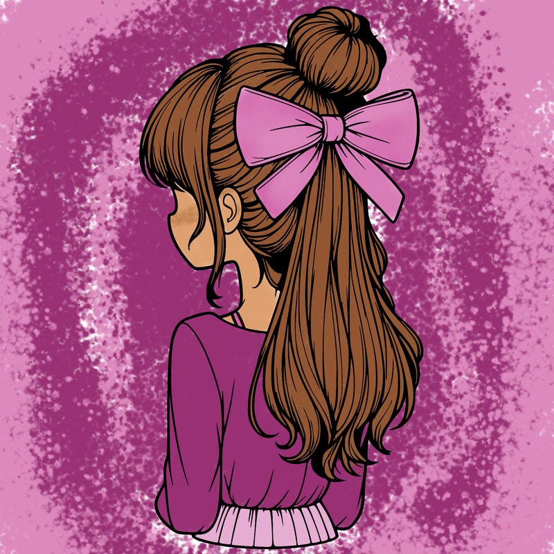 realistic girl  with hip length hair a bun and a big bow on the back of head