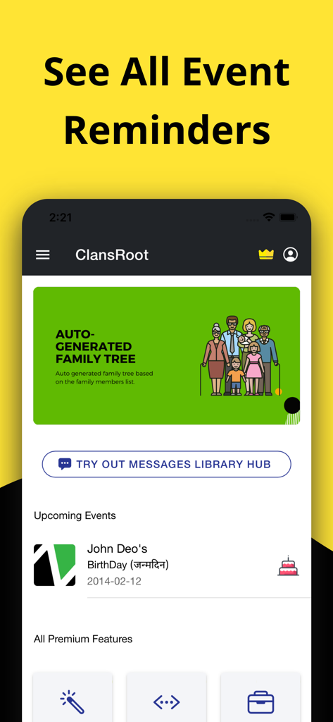 ClansRoot - Family Tree Maker - ClansRoot app dashboard showing auto-generated family tree banner and upcoming birthday reminders