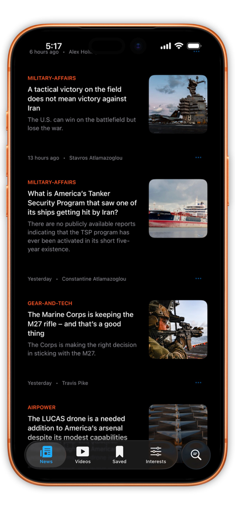 Sandboxx News - Sandboxx News app feed displaying various military and defense news articles on a mobile device