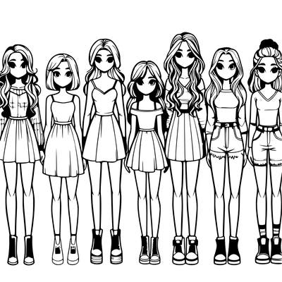seven realistic girls standing up next to each other