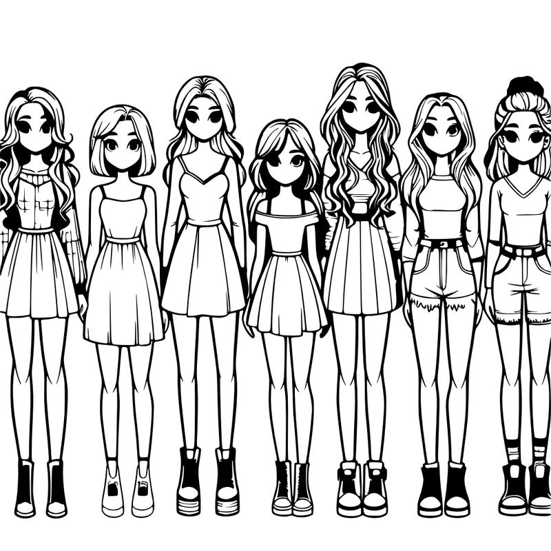 seven realistic girls standing up next to each other