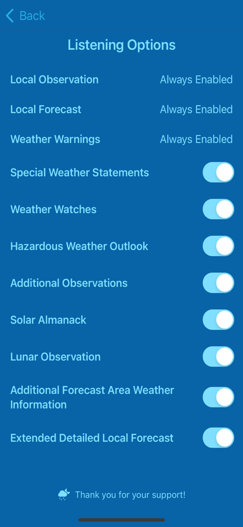 NOAA Local Weather Radio - Listening options screen in the NOAA Local Weather Radio app showing settings for weather alerts and local forecasts