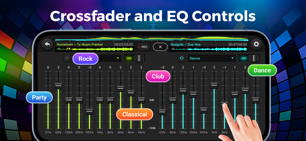 A smartphone showing the Rythmix DJ app interface with dual 10-band equalizer sliders and music genre presets.