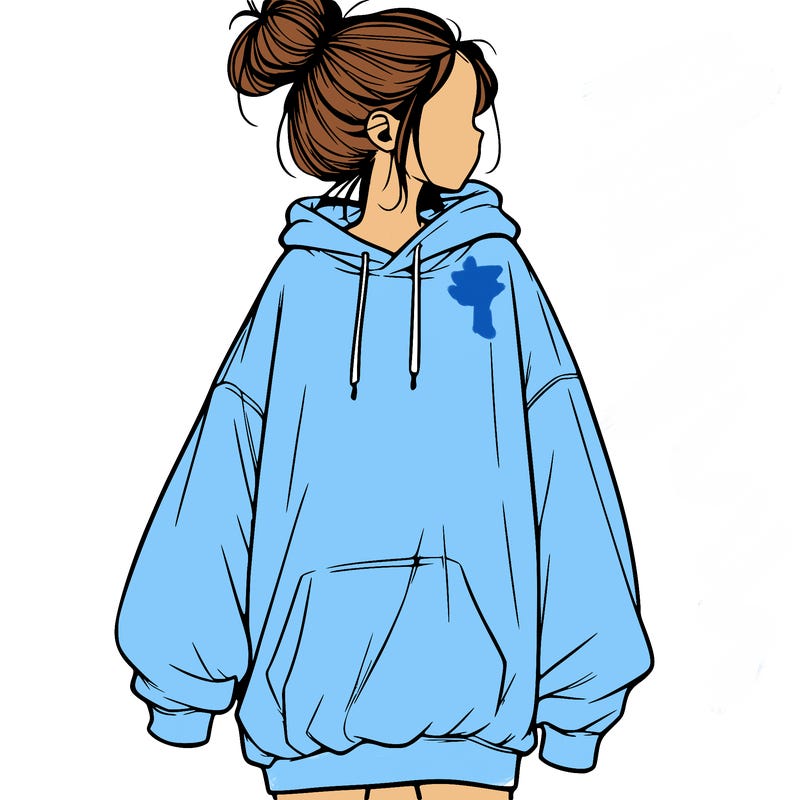 realistic girl with a oversized sweatshirt on and a bun