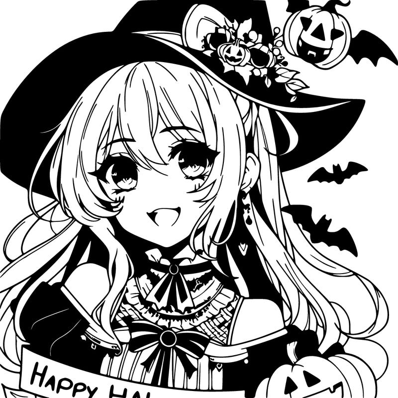 gothic elegant anime girl with happy halloween above
