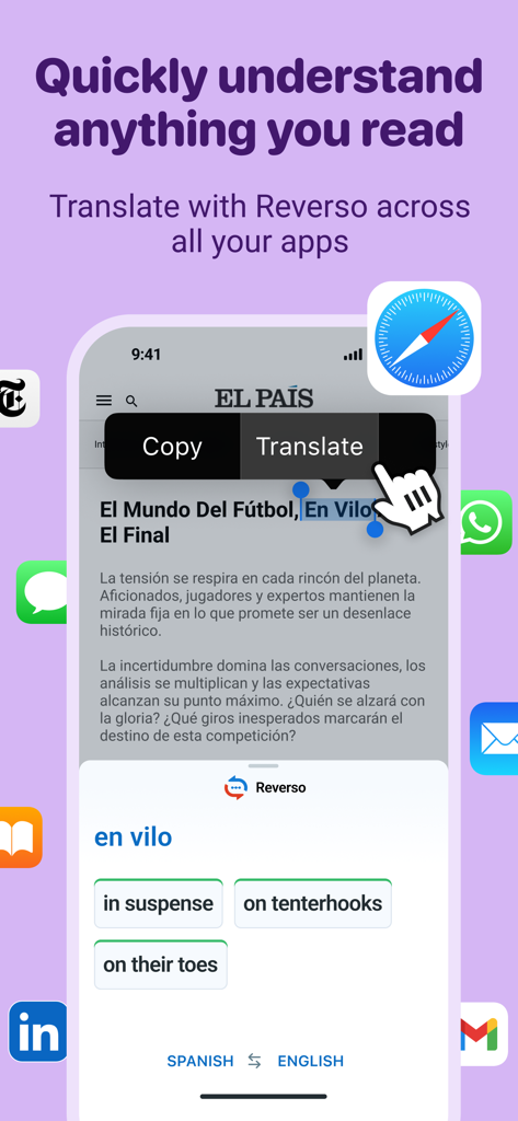 Reverso app translating a Spanish news article directly in a mobile browser