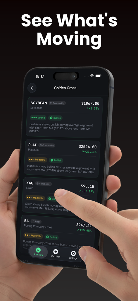 TradeGPT - TradeGPT mobile app showing Golden Cross market analysis for commodities