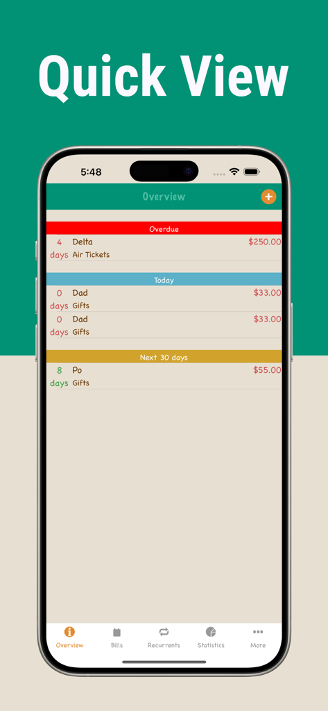 Screenshot of Bills Monitor app showing an overview of overdue and upcoming bills