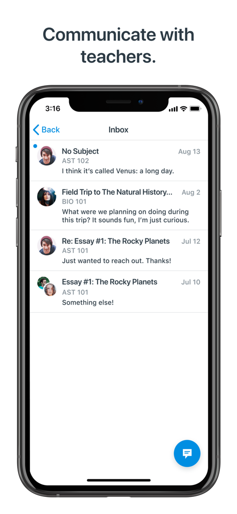 Canvas Parent app inbox showing a list of messages from teachers about school assignments and events