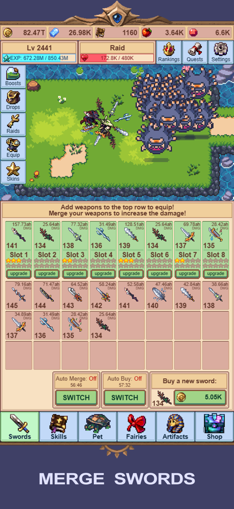 Gameplay screenshot of Idle Sword Master showing the sword merge inventory and pixel art combat