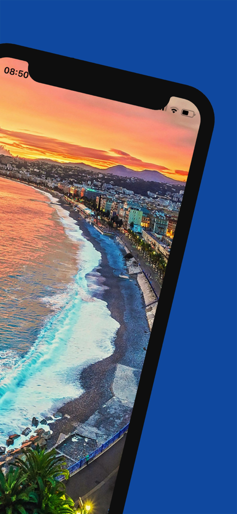 휴대폰 화면에 비친 니스 프롬나드 데 장글레 해변의 항공 야경