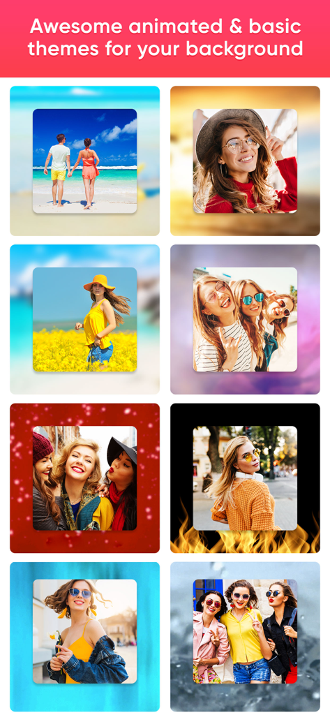 MakeMyMovie-Movie maker - A grid display of different animated and basic background themes for photo slideshows