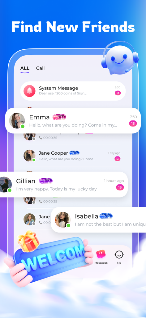 Interface of BoloUp app message list showing chats with new friends
