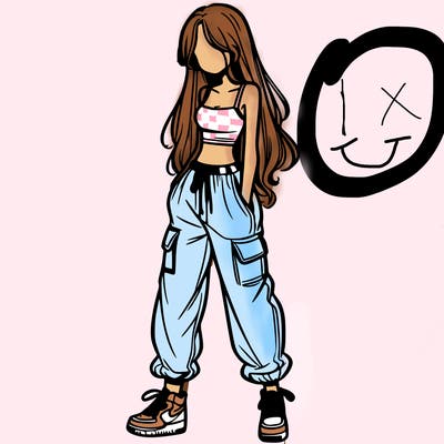 girl in baggy pants crop top and long hair