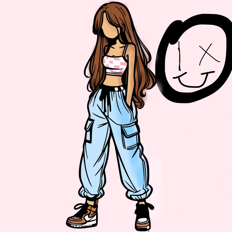 girl in baggy pants crop top and long hair