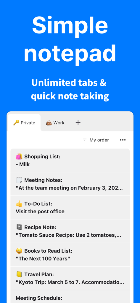 Simple Notes - Take notes - Screenshot of Simple Notes app displaying a list of categorized notes and organized tabs for private and work use