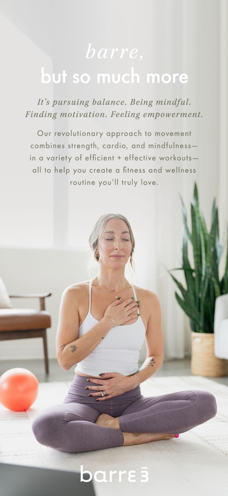 barre3 online - A woman practicing mindful breathing and meditation on the barre3 online app