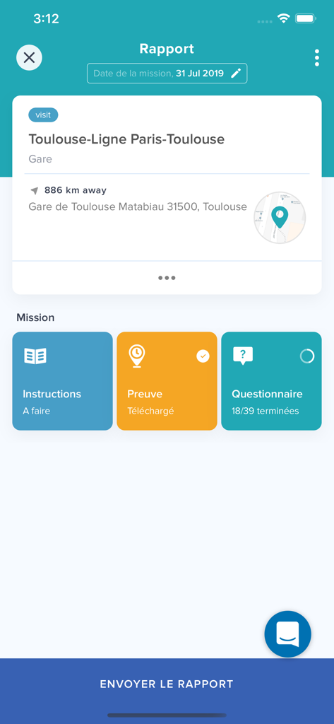 Smice app mission report interface showing task categories for instructions proof and questionnaire