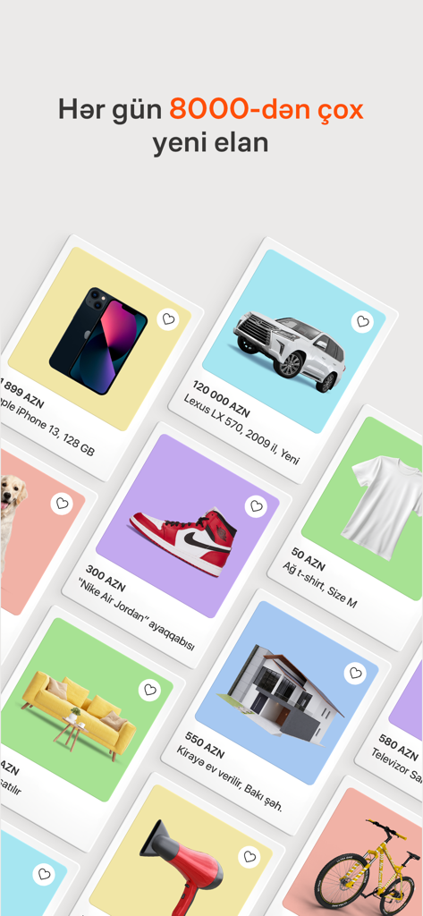 Tap.az app screenshot showcasing a variety of classified ads for vehicles real estate and consumer goods